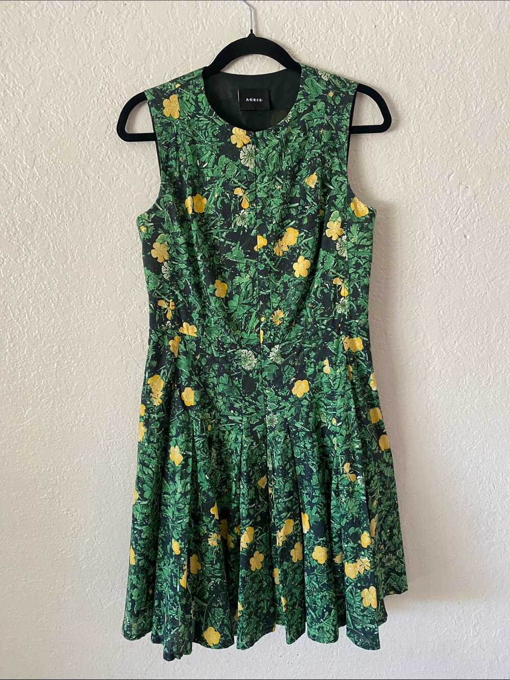 AKRIS Buttercup Floral Print A-line Dress Size 8 Green Yellow Cotton Voile Chic - Picture 7 of 11